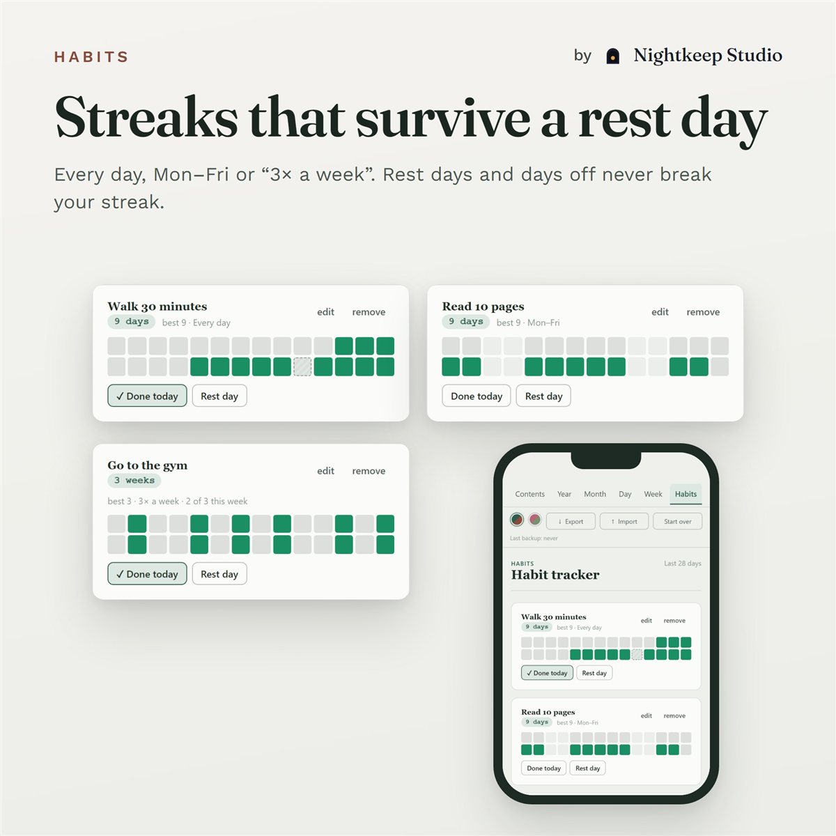 Cloverday habit tracker with every-day, Mon–Fri and 3× a week habits, including a rest day that keeps the streak