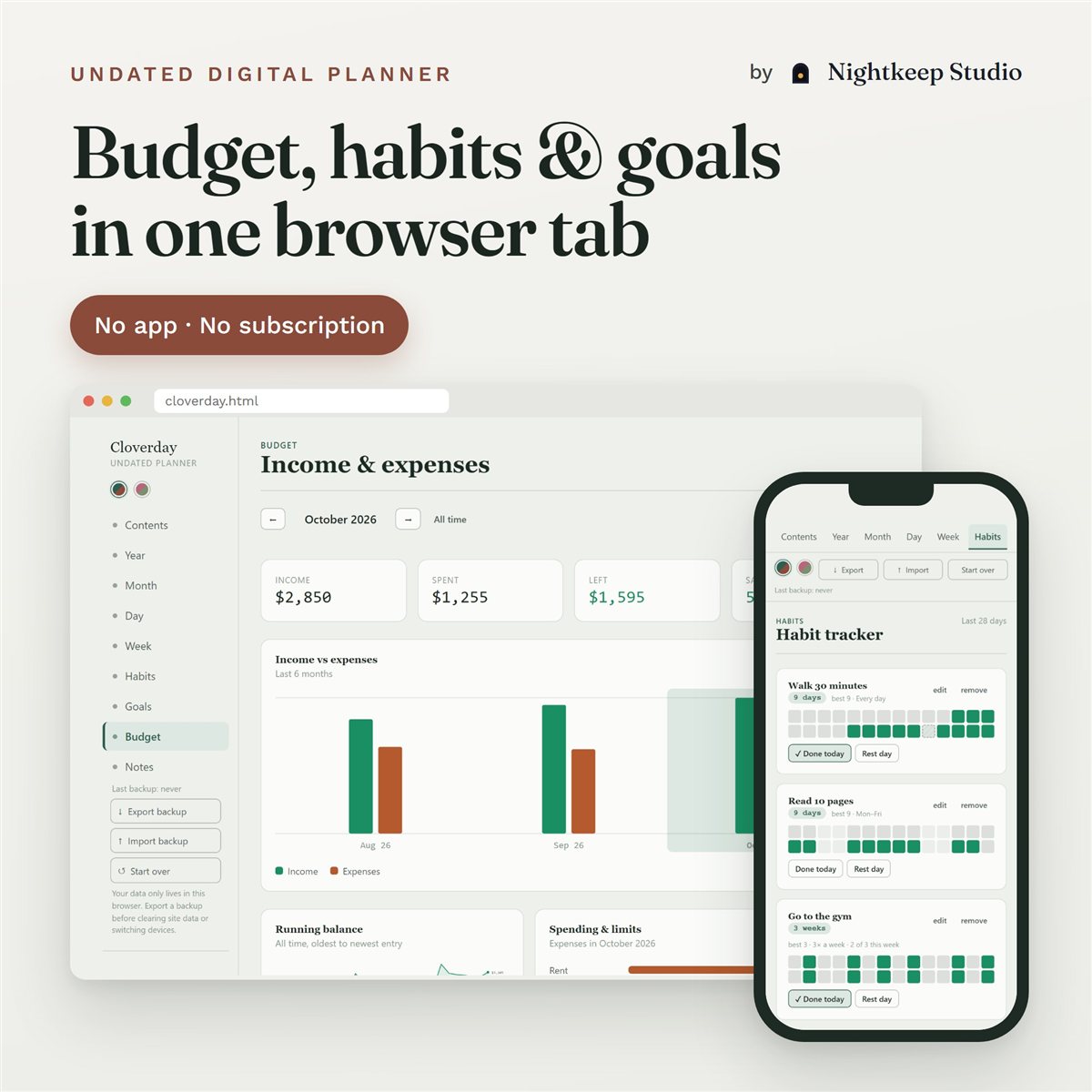 Cloverday planner open in a browser on the budget page, next to a phone showing the habit tracker